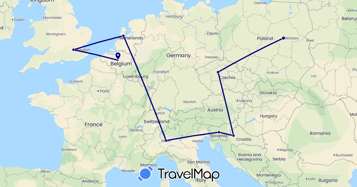 TravelMap itinerary: driving in Belgium, Czech Republic, United Kingdom, Croatia, Italy, Netherlands, Poland, Slovenia (Europe)